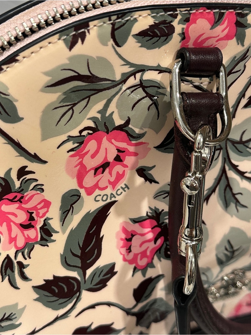 Coach Cream Floral Dome Satchel with Pink Roses and Brown Trim Patent & Leather - Picture 13 of 16